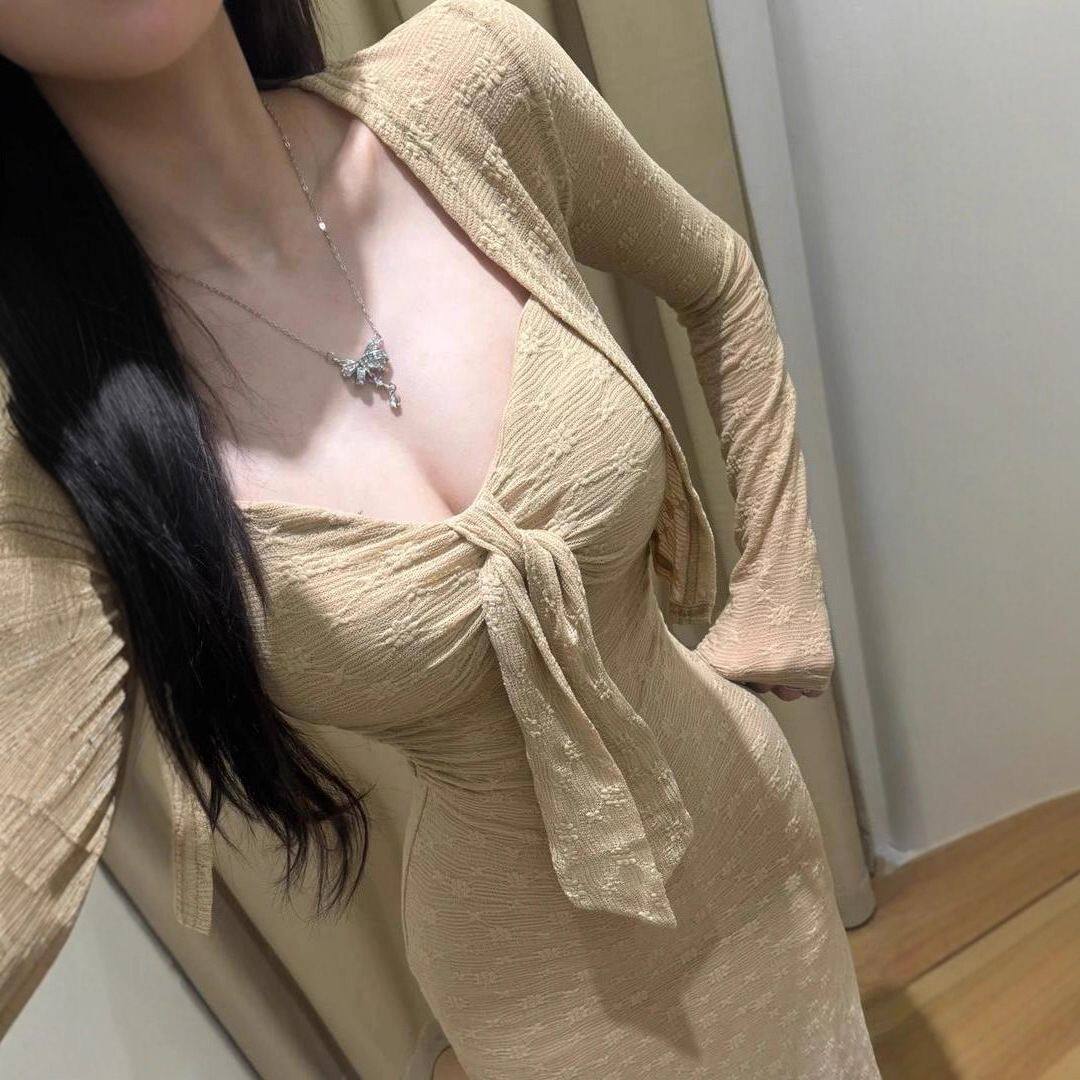 法式纯欲风系带设计修身吊带裙长袖开衫两件套秋季新款套装潮纯色