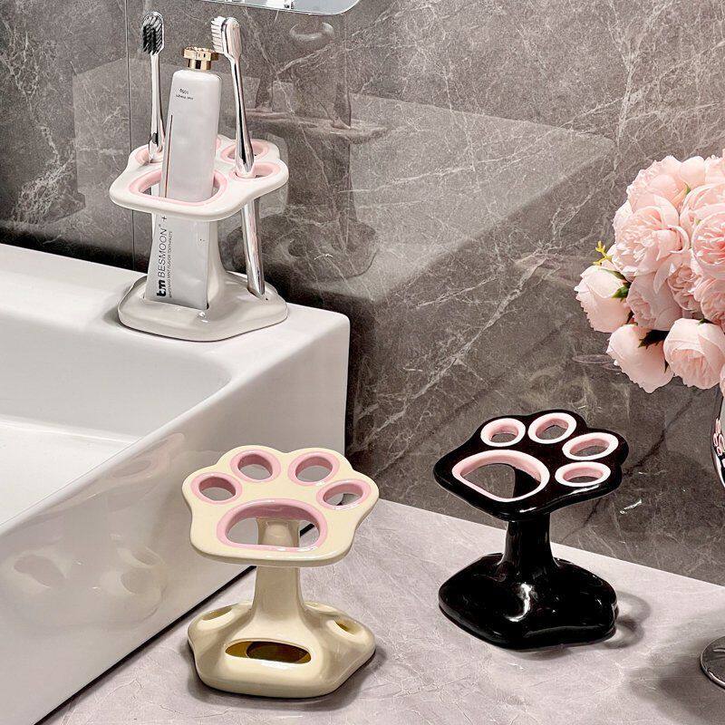 陶瓷牙刷置物架卫生间洗漱台家用可爱免打孔架底座化妆刷支架