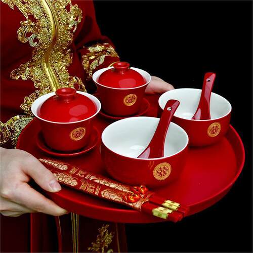 结婚敬茶杯碗筷套装婚礼改口陪嫁红色茶具敬酒喜碗一对婚庆用品
