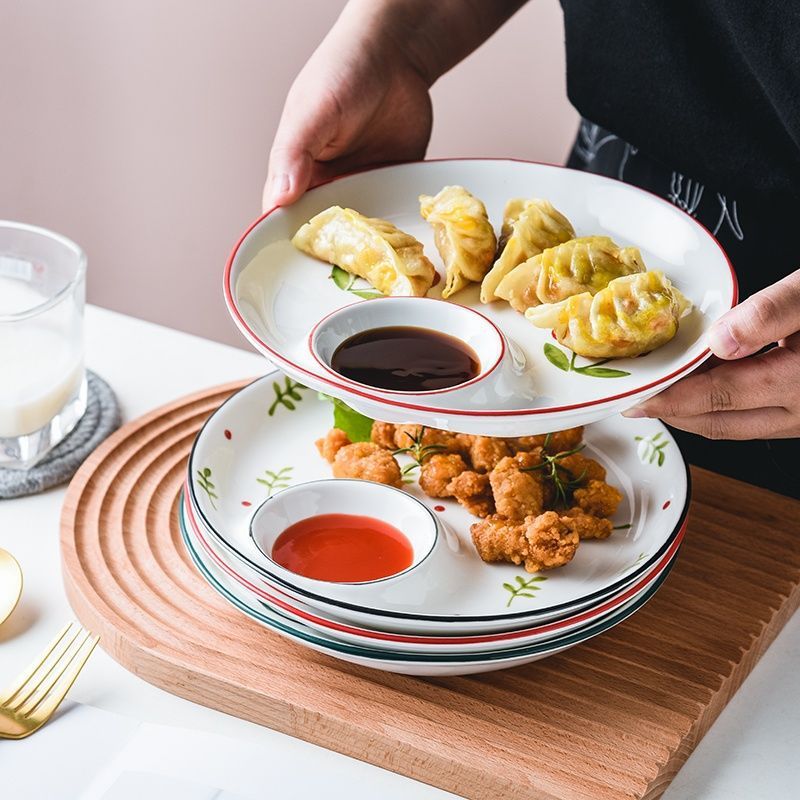 ins风陶瓷饺子盘带醋碟专用盘一体家用水饺薯条小食分格