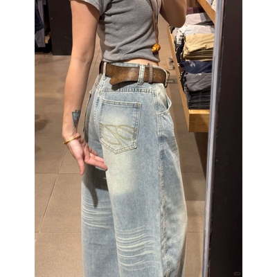 阿秋的店美式复古口袋刺绣水洗阔腿牛仔裤秋季新款宽松拖地裤