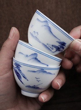 青花瓷手绘茶杯套装家用陶瓷功夫小茶杯主人杯品茗杯茶具茶盏E18