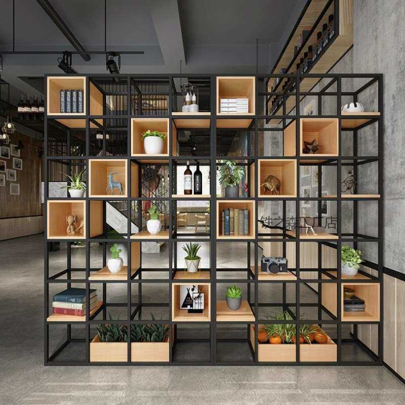 美式工业风办公室隔断复古餐厅实木多层置物架子火锅店铁艺屏风架