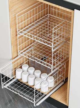 厨房抽拉式置物架抽屉碗篮碗碟收纳架多层拉篮碗盘用品橱柜内分层