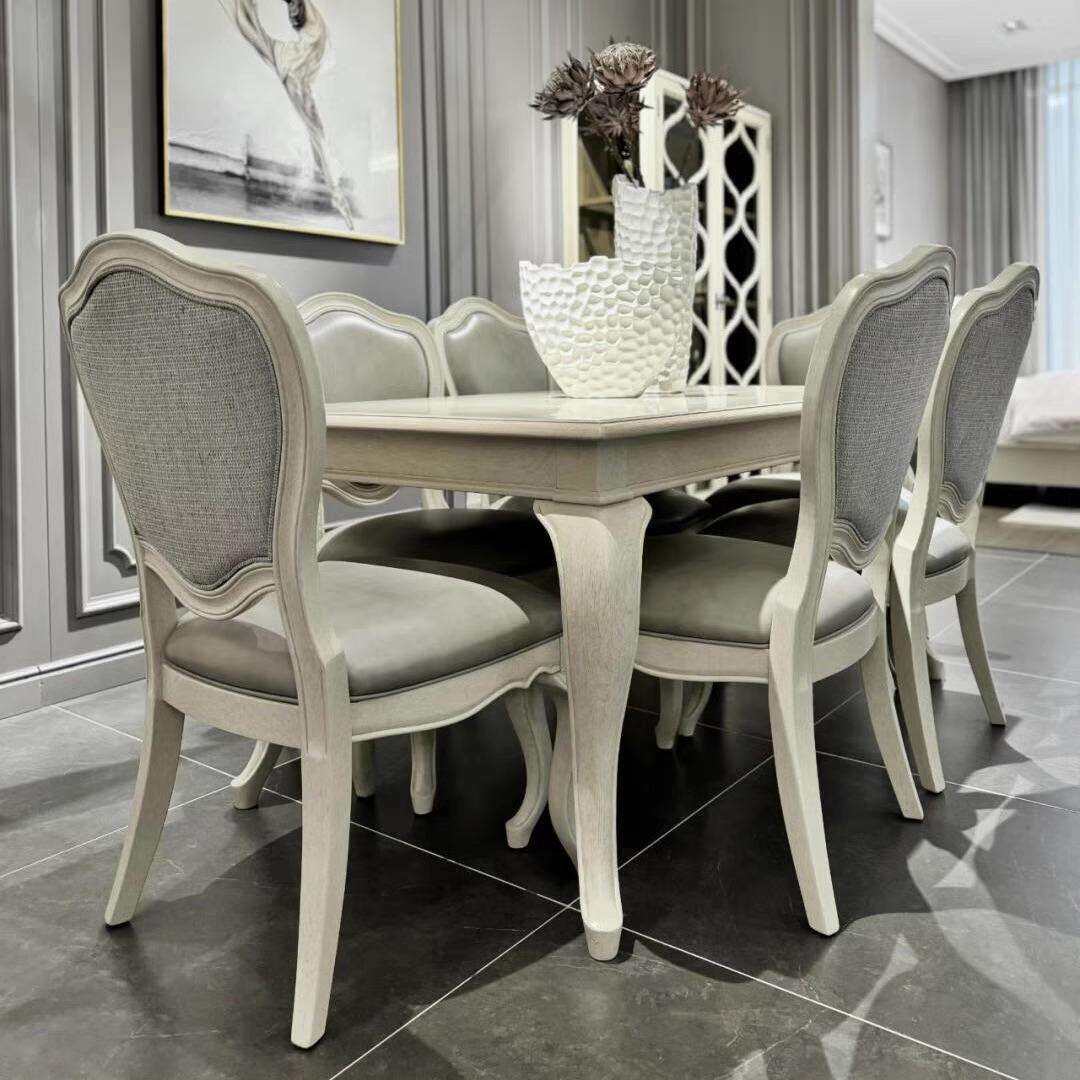 北美之家女王系列实木餐桌椅组合美式复古白橡木长方形六人吃饭桌