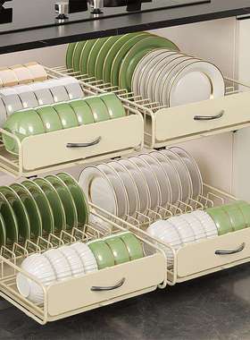 抽屉式厨房抽拉碗碟收纳架免打孔橱柜碗架拉篮碗盘盘子沥水置物架