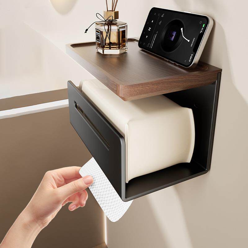 黑胡桃木卫生间纸巾盒置物架壁挂抽纸盒浴室免打孔卷纸厕所厕纸架