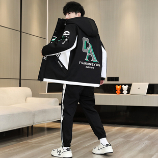 青少年加绒外套男套装秋冬季2023新款高初中学生潮流帅气羽绒服厚