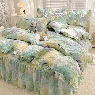 韩式全夹棉床裙床笠款四件套蕾丝边被套可做夏被公主风床品三件套