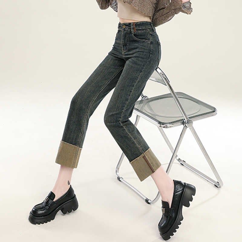 水泥灰翻边直筒牛仔裤女秋季2024新款高腰显瘦九分小个子烟管裤子,女装/女士精品,牛仔裤,淘宝优惠券,粉丝福利购,淘宝优惠卷