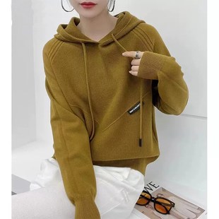 秋冬抽绳连帽针织衫卫衣女韩版外穿宽松长袖套头坑条毛衣休闲毛衫