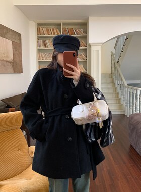 NAZ那子大码冬季新款立领插肩毛呢外套胖mm黑色高级感夹棉大衣女