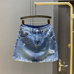 蓝色破洞牛仔半身裙女2024夏季新款a字显瘦高腰防走光包臀短裙子