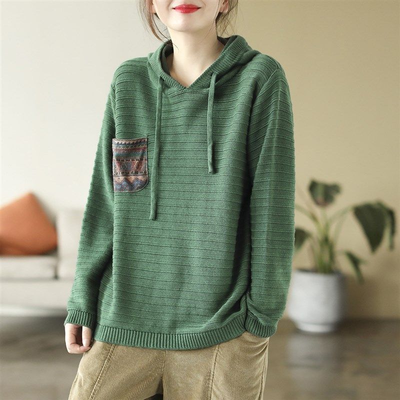 棉线针织不起球连帽卫衣女宽松百搭显瘦复古贴布文艺复古毛衣潮,女装/女士精品,毛针织衫,淘宝优惠券,粉丝福利购,淘宝优惠卷