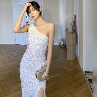 高定晚礼服女夏宴会气质单肩鱼尾裙主持轻奢小众高端白色高级质感