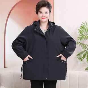 中老年胖妈妈秋季薄款风衣时尚连帽休闲大码洋气中年女装短款外套