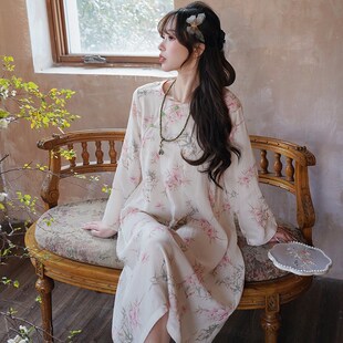 山百合竹棉双层棉纱布新中式睡裙女宽松旗袍古风中国风居家睡衣