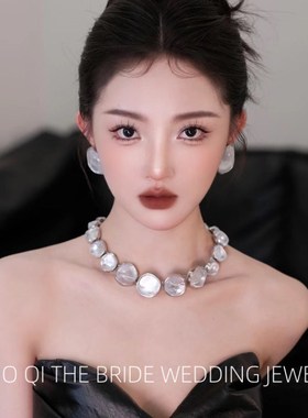 复古风银色椭圆项链耳环套装敬酒服新娘摄影配饰高级感颈链耳钉女