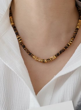 美拉德风天然虎眼石隔片串珠项链女锁骨链颈链叠戴高级感小众复古