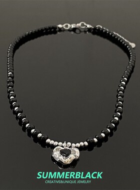 简约黑色串珠爱心项链女配饰小众设计感高级感精致锁骨链颈链饰品