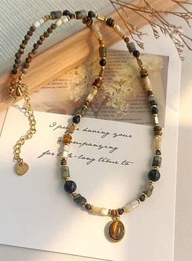 清冷感黑灰色复古天然石串珠项链女小众高级感毛衣链装饰配饰