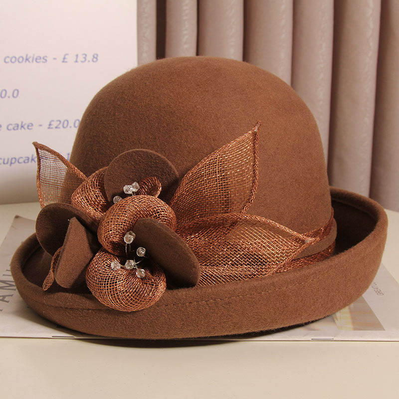 秋冬英伦复古羊毛呢卷边渔夫盆帽女韩版优雅时尚短檐麻纱花朵礼帽