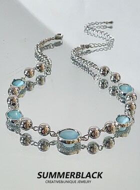 黑姑姑饰品蓝色锆石项链女锁骨链轻奢小众高级感配饰2024新款爆款