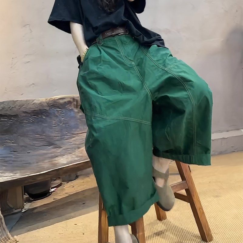 欧货正品绿色宽松大码工装休闲裤女2025夏季新款休闲风棉麻阔腿裤,女装/女士精品,大码裤装,淘宝优惠券,粉丝福利购,淘宝优惠卷