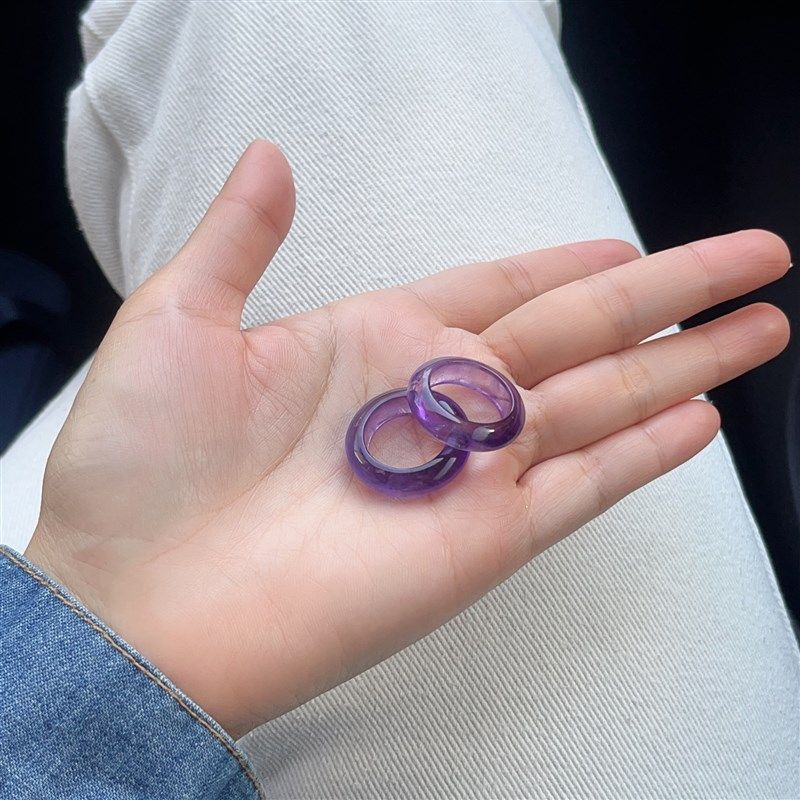 天然冰种紫水晶戒指 跑环指环戒圈 男女款极简紫色宽条百搭素圈