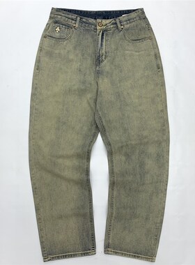 洗白牛仔裤男阿美咔叽宽松直筒拖地裤重水洗水泥黄色阔腿老爹裤女