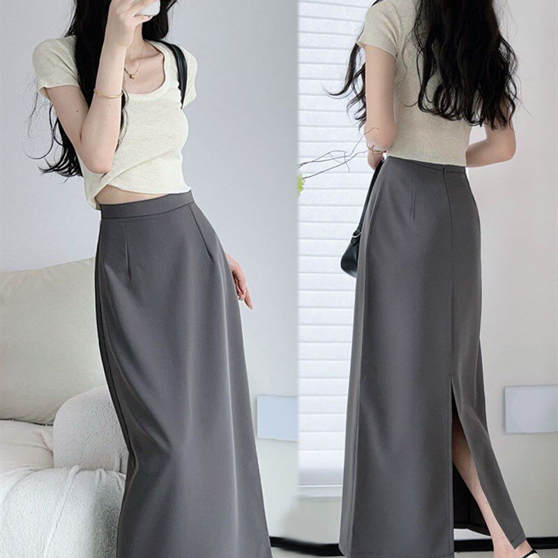 灰色西装半身裙长裙女春夏秋款高腰显瘦后开叉黑色直筒裙子大小码,女装/女士精品,半身裙,淘宝优惠券,粉丝福利购,淘宝优惠卷