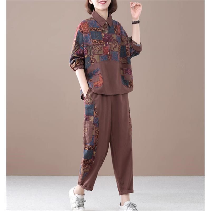 中老年女装妈妈秋装2024新款棉麻套装春秋印花小衫上衣洋气阔腿裤,女装/女士精品,中老年女装,淘宝优惠券,粉丝福利购,淘宝优惠卷