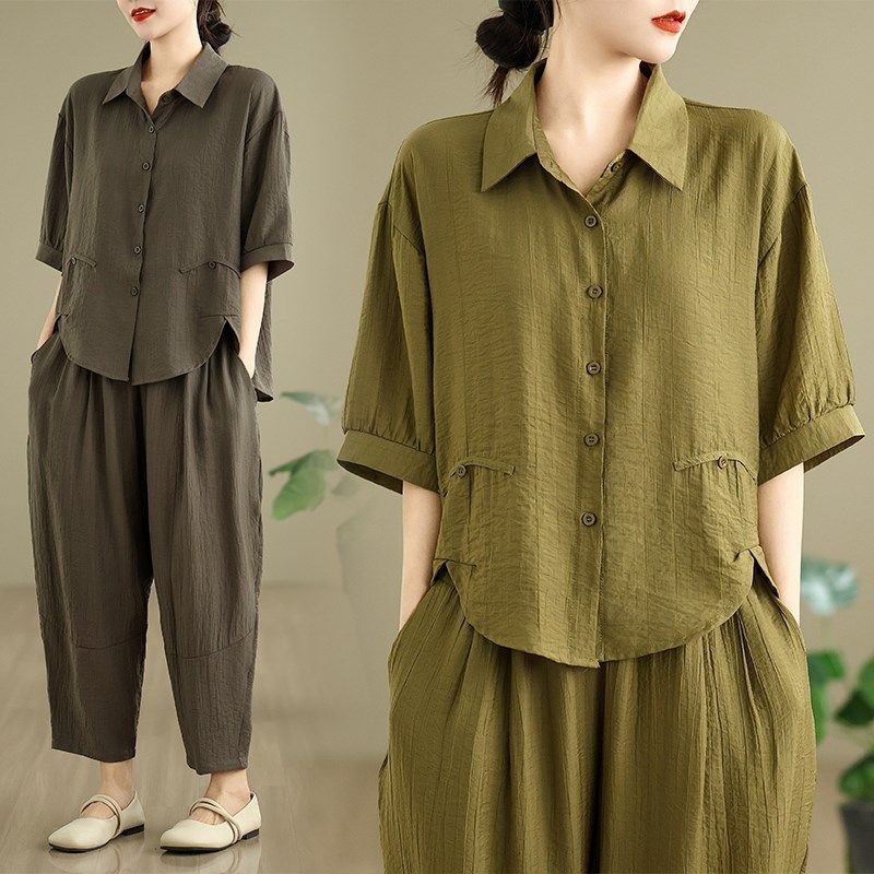 亚麻套装女夏季新款时尚宽松休闲大码两件套  开衫九分裤子纯色,女装/女士精品,大码套装,淘宝优惠券,粉丝福利购,淘宝优惠卷