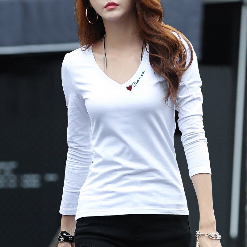 白色长袖t恤女v领2025年春季领口印花设计感打底小衫修身显瘦上衣,女装/女士精品,T恤,淘宝优惠券,粉丝福利购,淘宝优惠卷