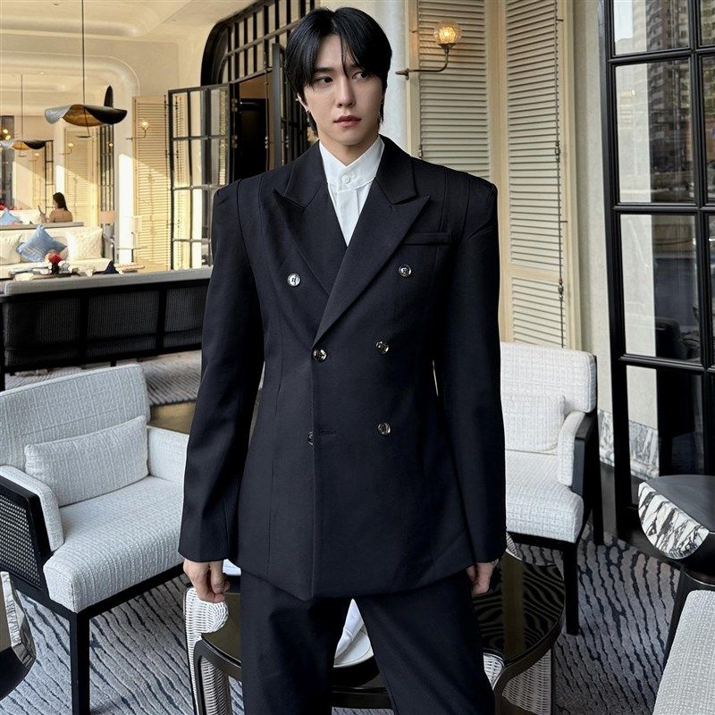 子上男装 春季新款气质轻奢黑色高级感韩系垫肩双排扣西服男夹克,男装,休闲西服,淘宝优惠券,粉丝福利购,淘宝优惠卷