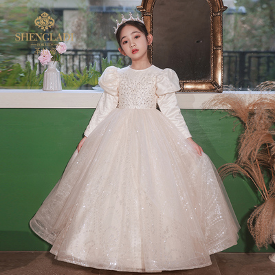 女童主持人礼服轻奢小众高端儿童钢琴演奏冬季加厚长袖生日晚礼服