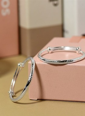 兔男女宝宝银手镯999纯银实心光面小孩银镯子一对满月周岁礼银饰