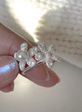 珍珠戒指女款纯银花朵小众设计高级感气质时尚个性开口食指戒指环