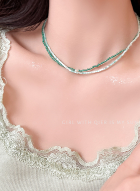 夏日薄荷曼波绿色串珠项链女小清新颈链配饰轻奢小众高级感锁骨链
