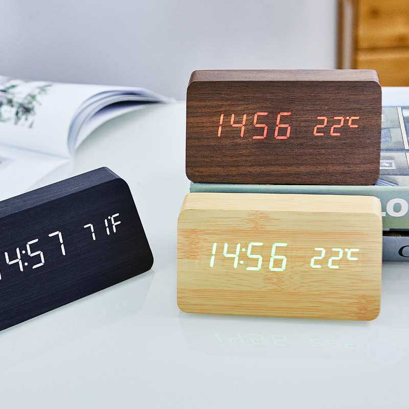 LED木头钟数字usb电子钟卧室声控夜光led座钟闹钟夜光闹钟