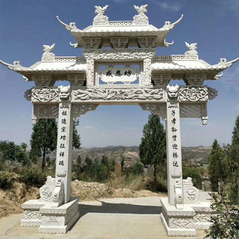 景区入口石雕石牌坊 三门五门青石牌F坊 花岗岩仿古三门石牌楼价