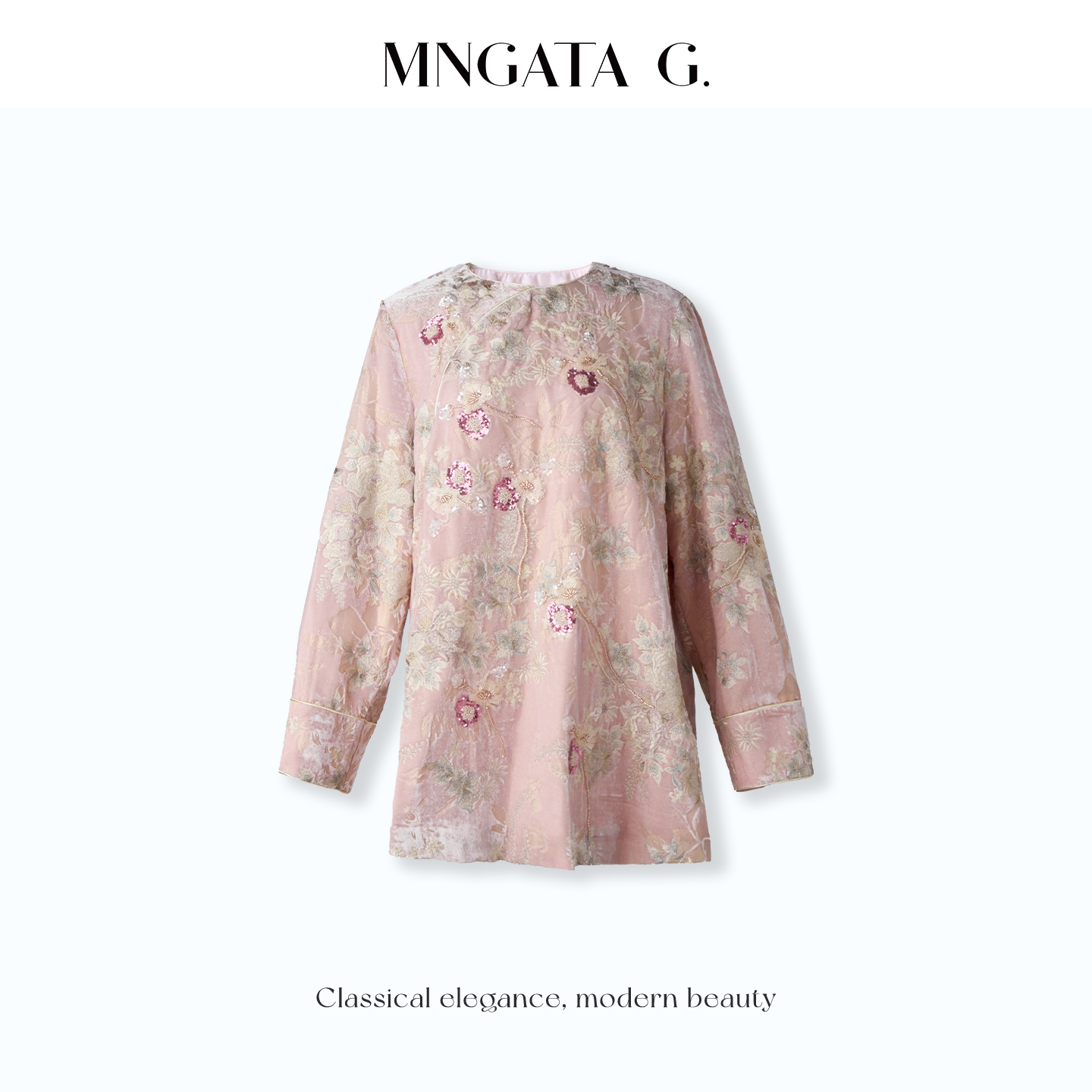 MNGATA G./曼加塔【新春粉黛】桑蚕丝丝绒钉珠新中式国风上衣