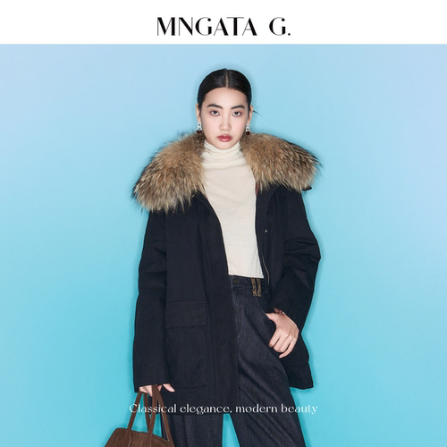 MNGATA G.黑桃派克服纯棉90%白鹅绒大毛领秋冬外套5102059