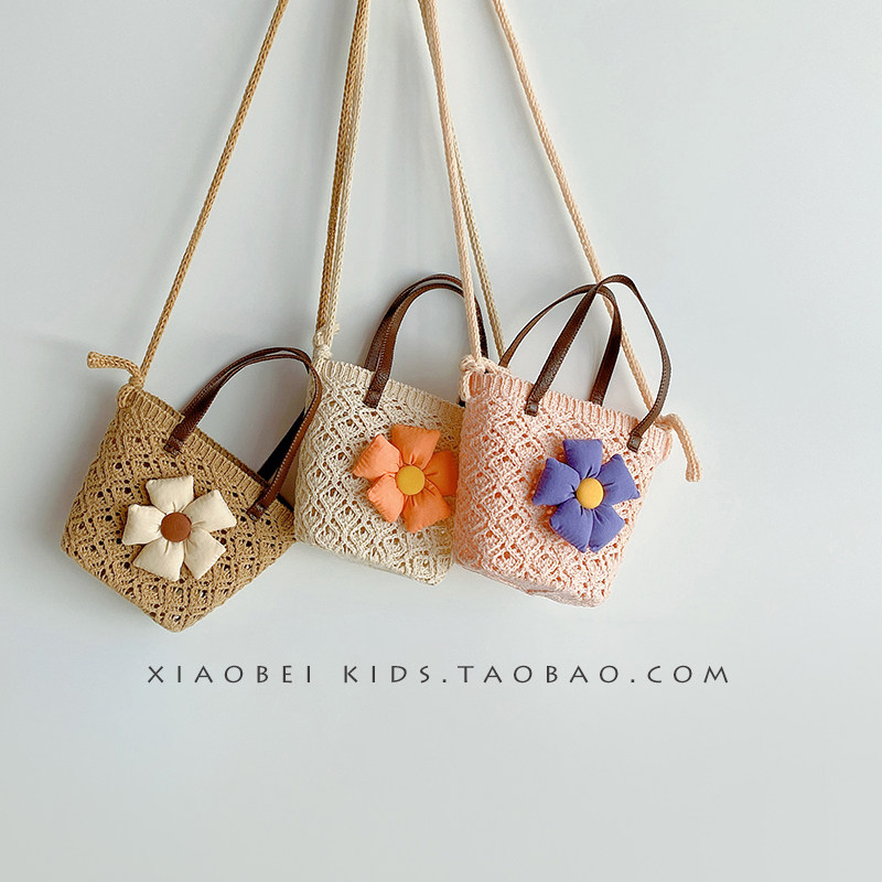 儿童包包女童手提包夏季草编包零钱包小孩单肩包宝宝斜挎包花朵包