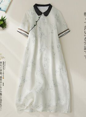 新中式国风印花斜襟连衣裙女夏季年轻款改良旗袍裙宽松A字中长裙