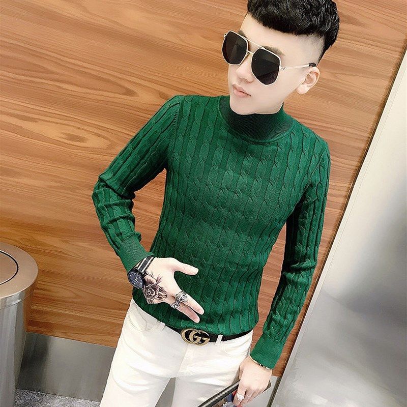 2023冬季新款韩版纯色弹力半高领针织衫男时尚百搭修身麻花粗毛衣