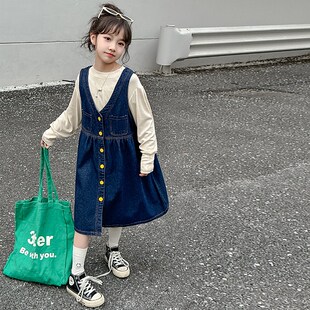 女童春装连衣裙套装2024新款韩版大童宽松牛仔背心裙背带裙两件套