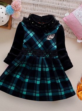 女童长袖加绒加厚保暖连衣裙小女孩红色洋气公主裙子秋冬打底裙潮