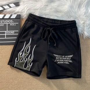 子 男女街头潮人篮球运动休闲裤 美版 火焰贴布绣花宽松直筒五分短裤