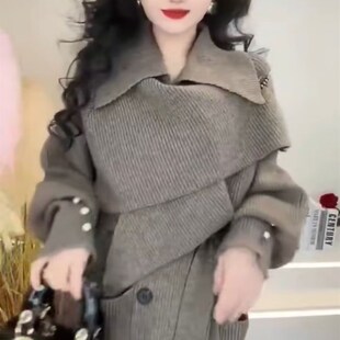 时尚 针织衫 长款 2023冬季 韩版 轻奢法式 外套女赫本风中长款 气质 新款